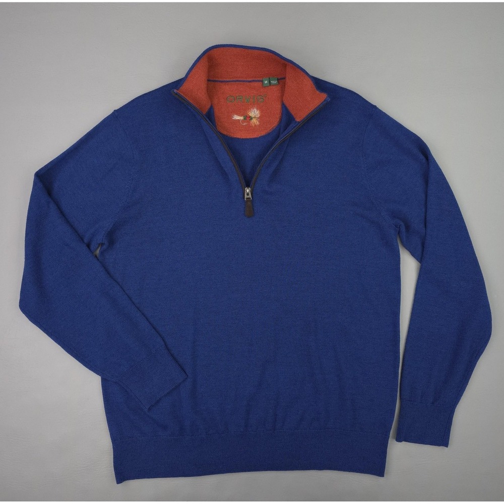 Orvis Sweater Mens Medium Blue 1/4 Zip Mock Neck 100% Merino Wool Knit Pullover